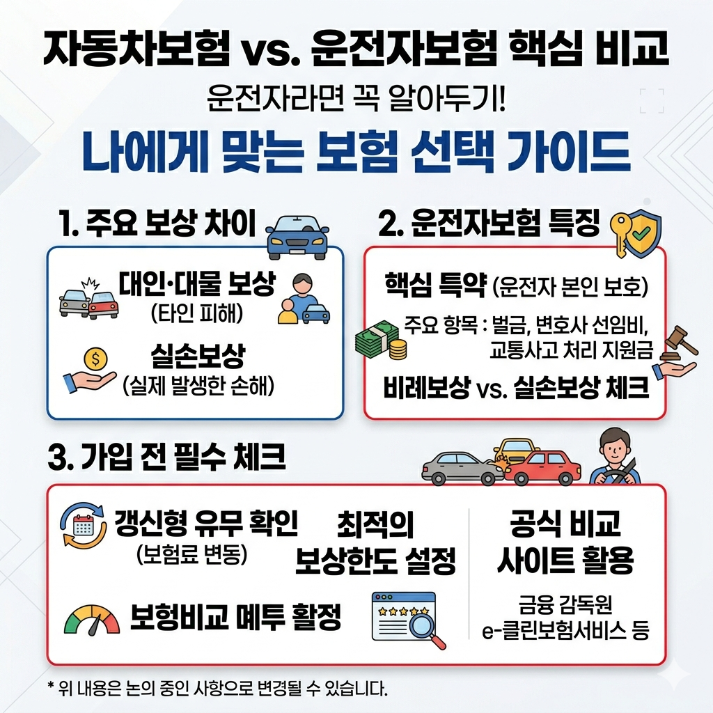 운전자보험 제대로 고르는 법, 자동차보험 차이부터 보장 체크리스트 인포그래픽