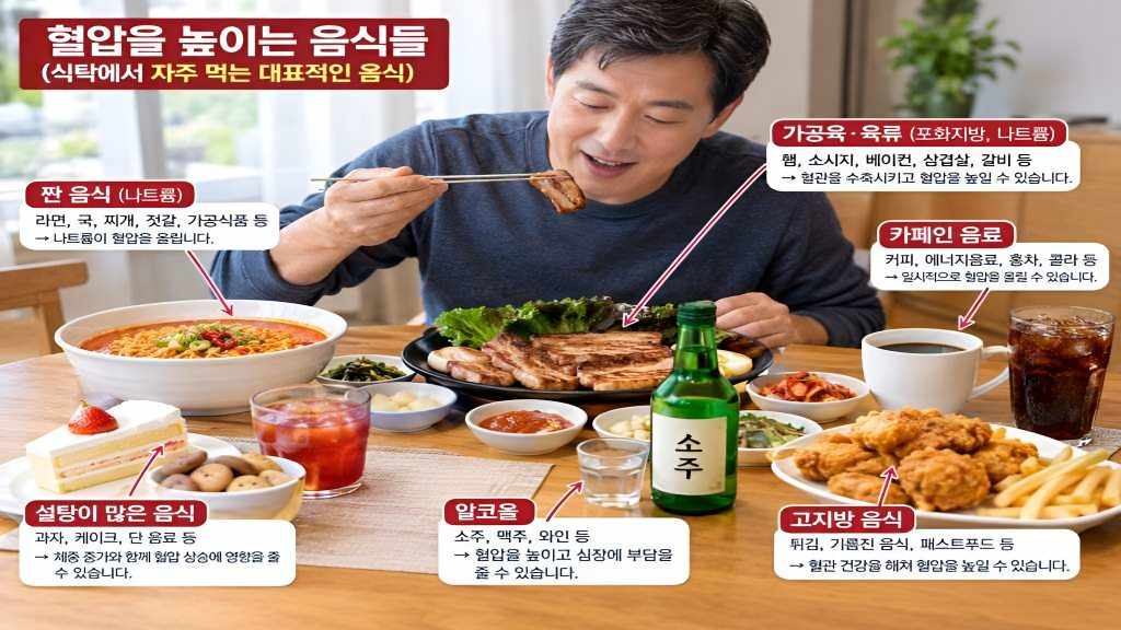 혈압을 높이는 음식 식탁에 앉아서 음식 먹는 장면 입니다