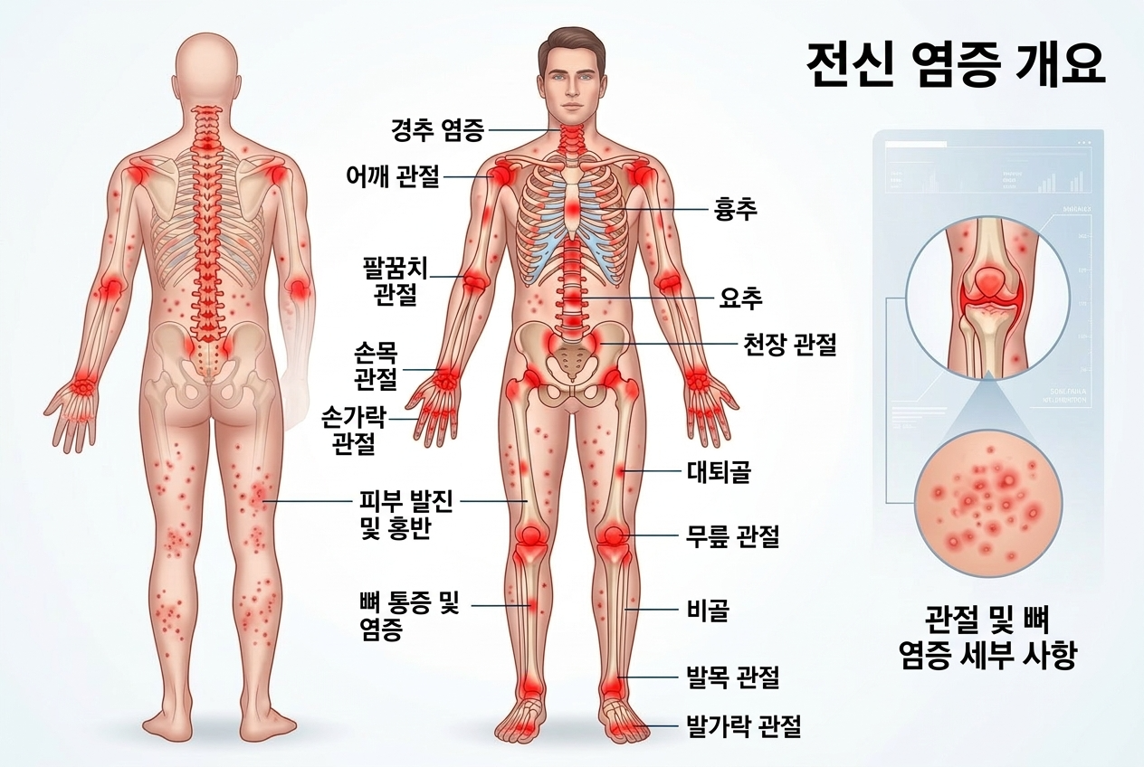 온몸의 뼈와 관절, 뱃살 쪽에 붉은색 염증 표시가 나타난 사람의 인체 그래픽