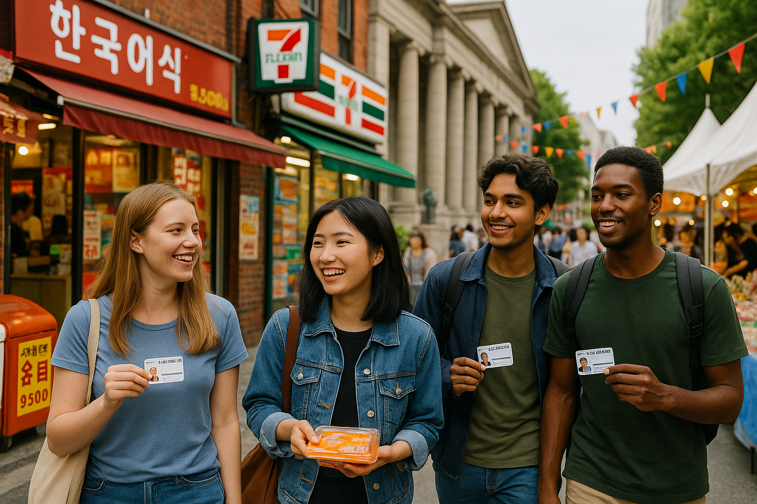 네 명의 유학생이 학생증을 들고 한국 대학가 거리의 축제 부스를 배경으로 활짝 웃으며 걸어가는 모습