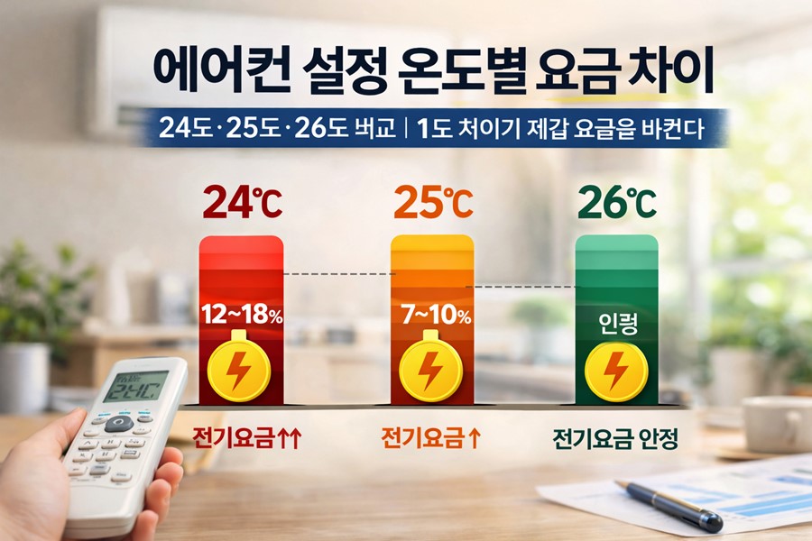 에어컨 설정 온도 24도, 25도, 26도에서 전기요금이 어떻게 달라질 수 있는지 한눈에 비교하고 1도 차이가 체감 요금에 영향을 주는 이유를 정리한 이미지입니다.
