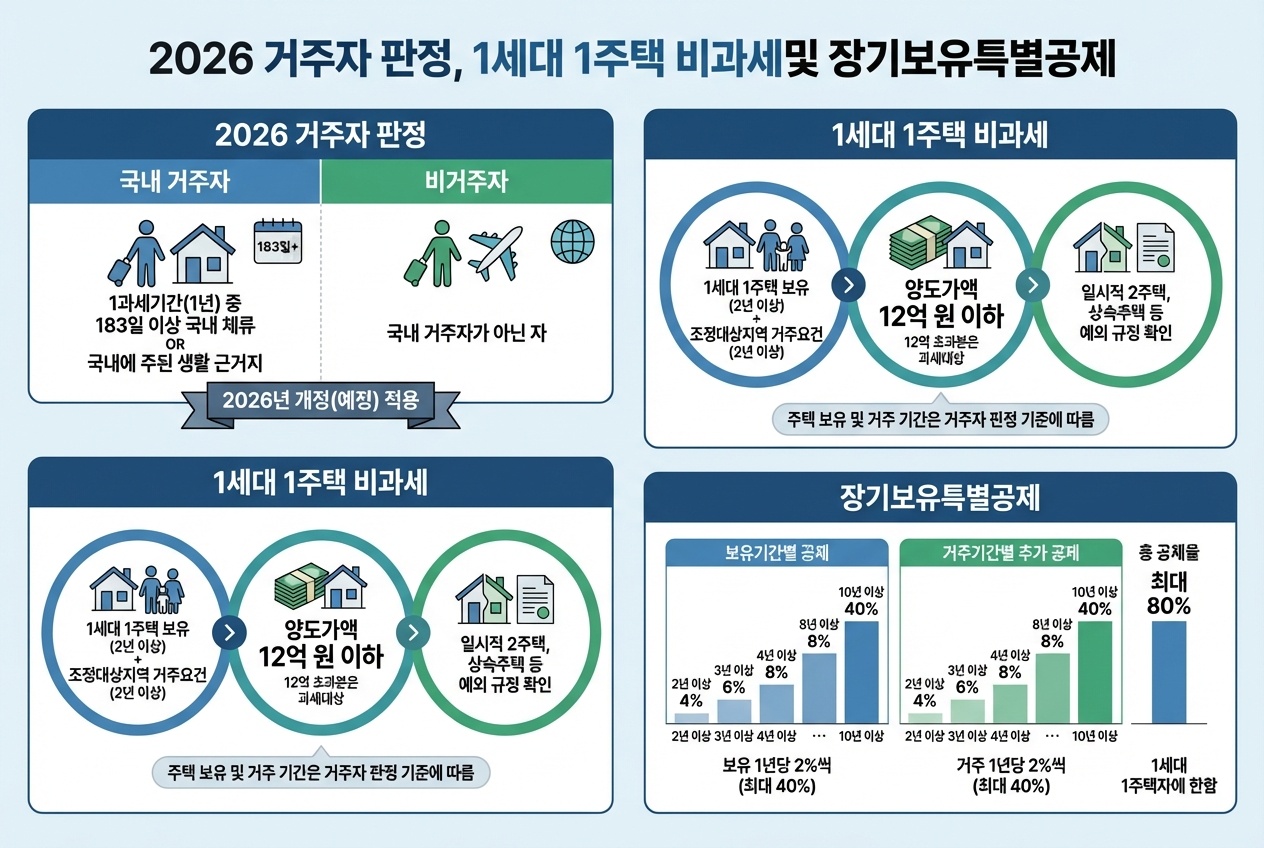 2026년 거주자 판정과 1세대 1주택 비과세, 장기보유특별공제 정리