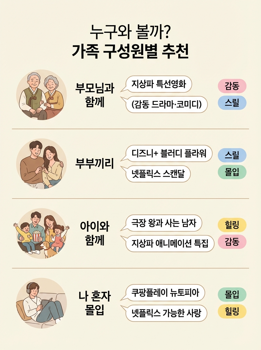 누구와 볼까? 가족 구성원별 콘텐츠 추천 - 부모님, 부부, 아이, 혼자