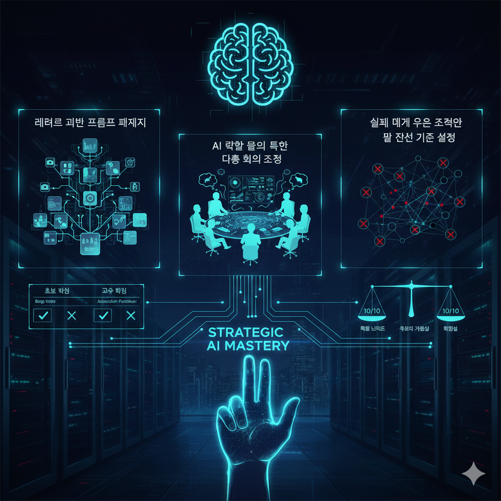 AI 활용의 3단계 고수 전략(모듈형 프롬프트 패키지, 다층 역할 회의, 실패 제거 및 판단 기준 설정)을 데이터 센터 배경 위에 체계적인 인포그래픽으로 표현한 이미지