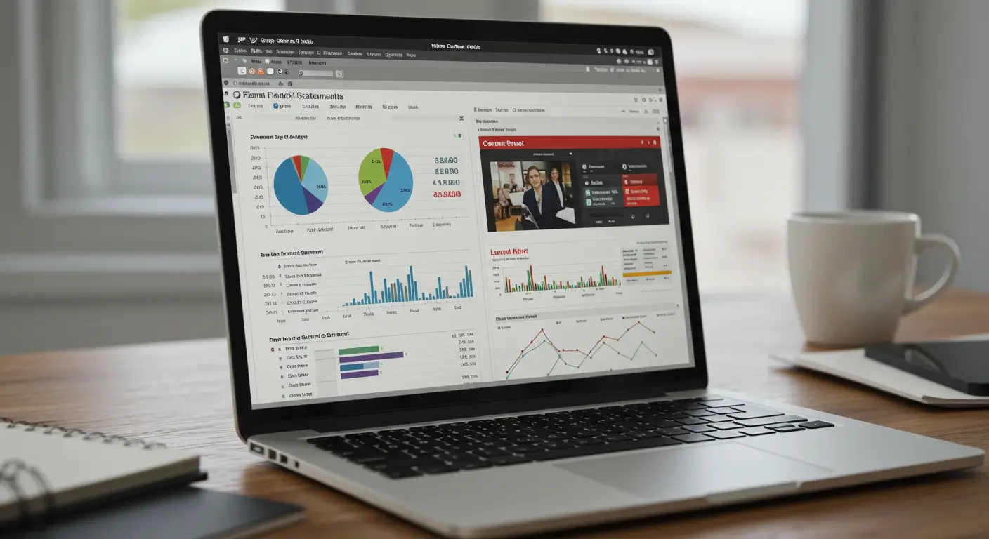 노트북 화면에 특정 기업의 재무제표와 최신 뉴스를 띄워놓고 분석하는 모습