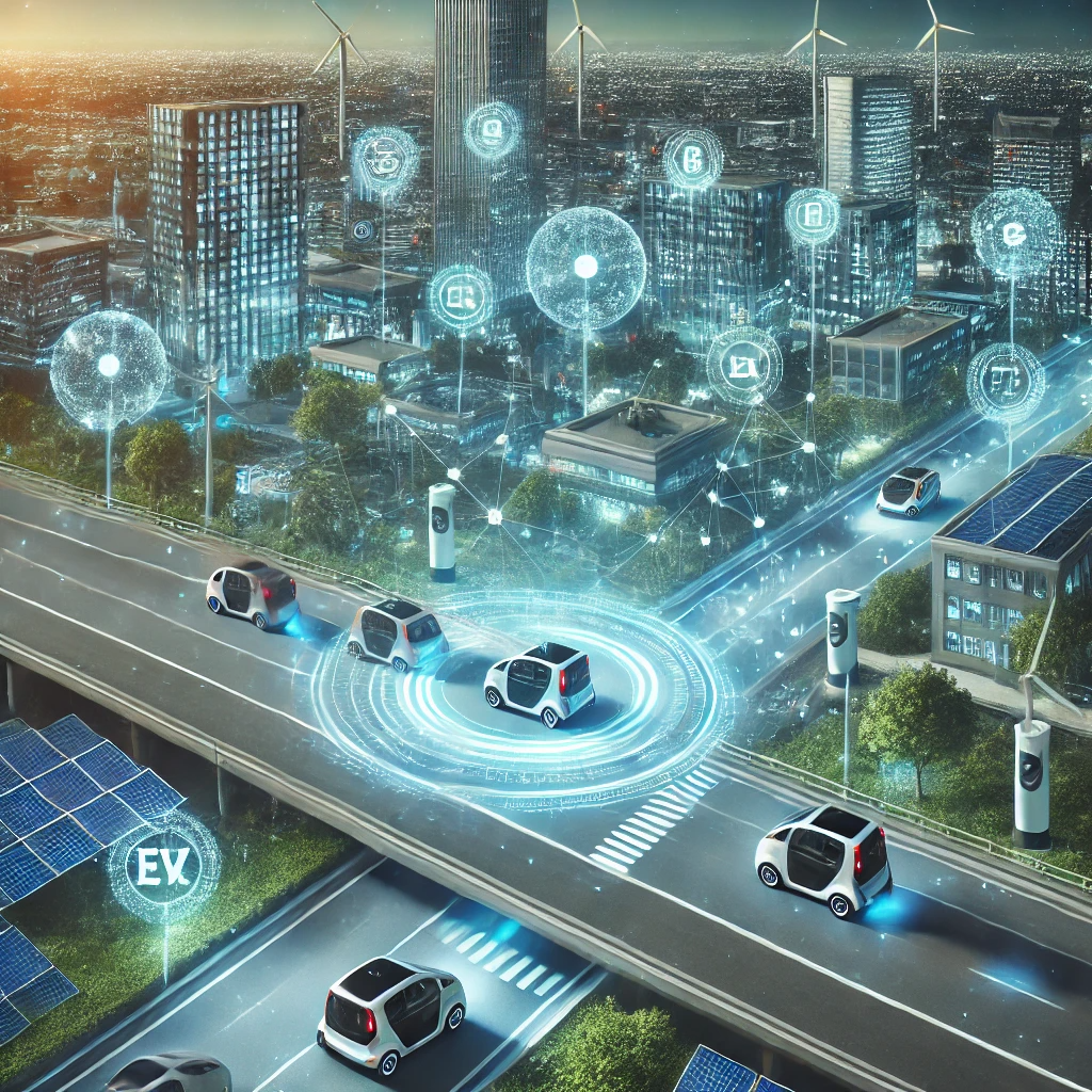 전기차들이 자율 주행 중인 미래의 스마트 도시 모습. 충전소와 자율 주행차가 도시에 통합되어 있고, 배경에 태양광 패널이 있는 건물과 전기 고속도로가 보임.