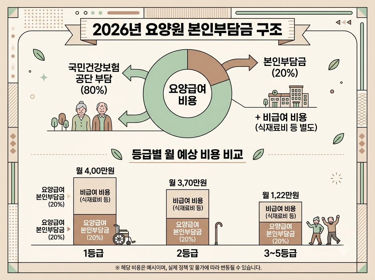 alt="2026년 요양원 등급별 본인부담금과 공단부담금 비율을 비교한 인포그래픽"