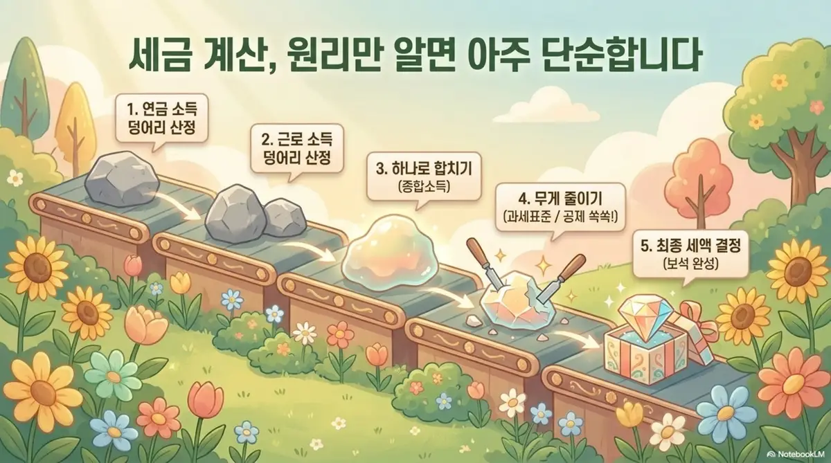 연금소득 종합소득세: 연금소득과 근로소득을 합산하여 종합소득세를 계산하는 5단계 흐름을 컨베이어벨트 위의 돌이 보석으로 변하는 과정으로 시각화한 이미지. 연금소득 덩어리 산정부터 근로소득 산정 종합소득 합산 과세표준 공제 최종 세액 결정까지의 과정을 보여줌
