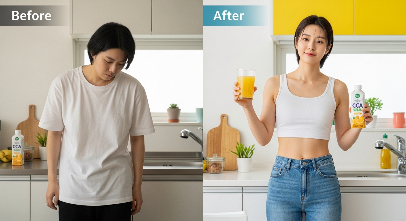 다이어트 전후를 비교한 이미지(주스와 함께)