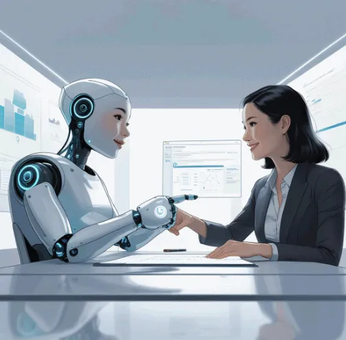 미래 지향적 회의실에서 여성 비즈니스 전문가와 휴머노이드 AI가 서로 미소를 주고받으며 계약서 또는 문서를 검토하고 협의하는 장면의 일러스트 이미지. 이 이미지는 Agentic AI가 단순 보조를 넘어, 신뢰 가능한 파트너로 인간과 전략적 협업을 이루는 모습을 상징적으로 표현함 (AI-human consulting, agreement signing, strategic collaboration)