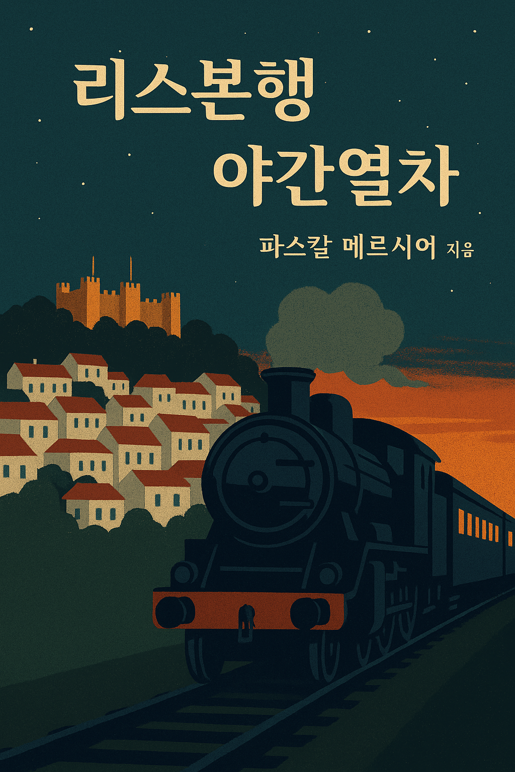 리스본행 야간열차문구와 기차 이미지