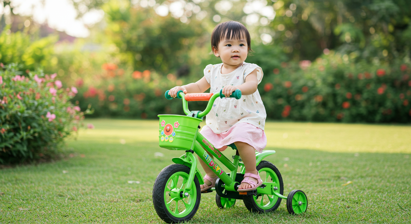 아동용 네발 자전거를 타고 있는 유아