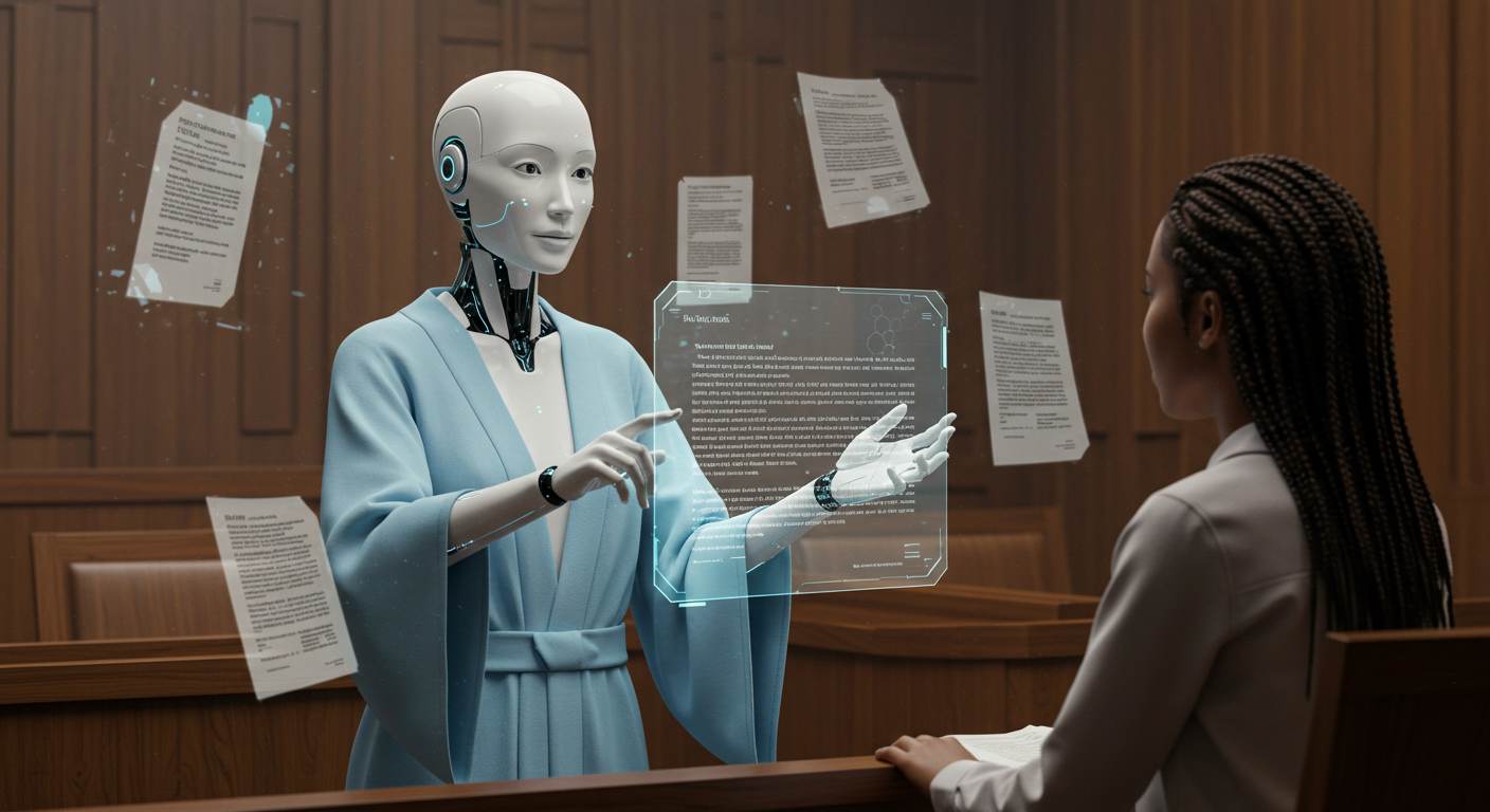 An elegant, calm-looking AI avatar guiding a user through complex legal documents in a serene digital courtroom with floating documents