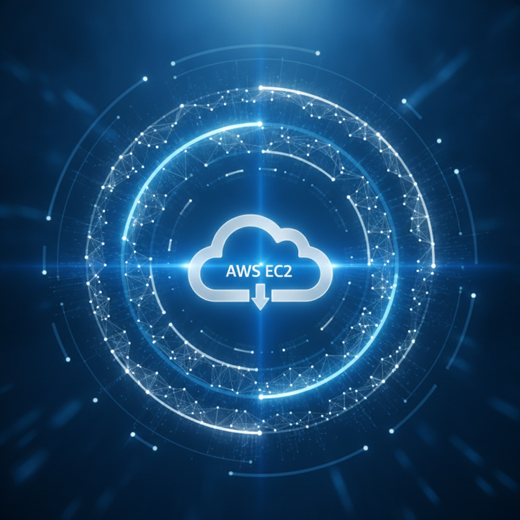 AWS 가상 서버 안정성과 자동화 인프라를 상징하는 중앙의 클라우드 서버 디지털 아트