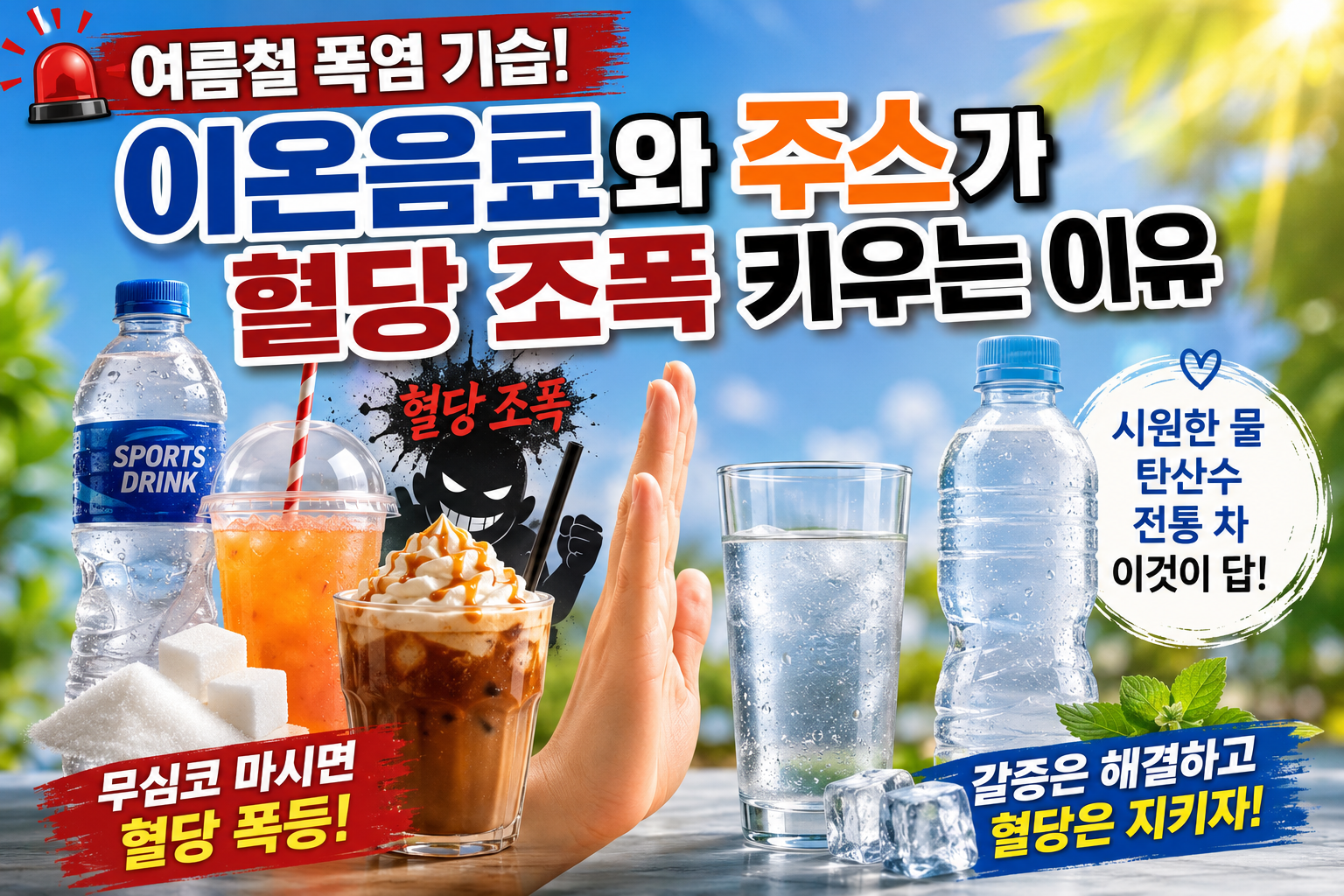 여름철 폭염에 이온음료와 과일주스가 당뇨 환자의 혈당을 높일 수 있는 이유와 물&middot;탄산수 등 건강한 음료 선택을 안내하는 대표 이미지