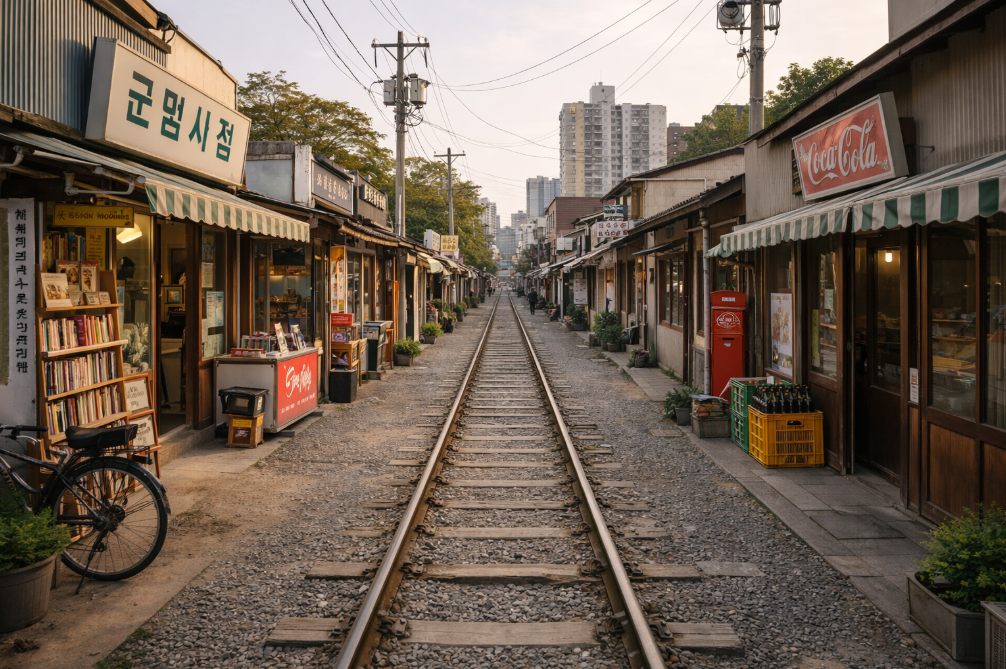 군산 경암동철길마을의 철길 골목과 오래된 가게들이 이어진 풍경