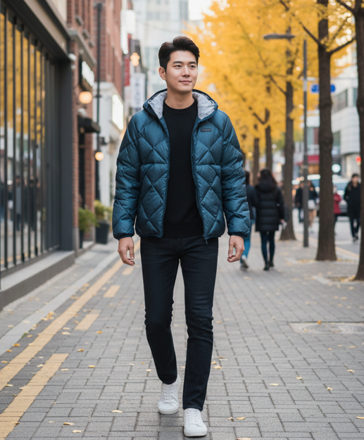 경량패딩을 입고 거리를 걷는 남성