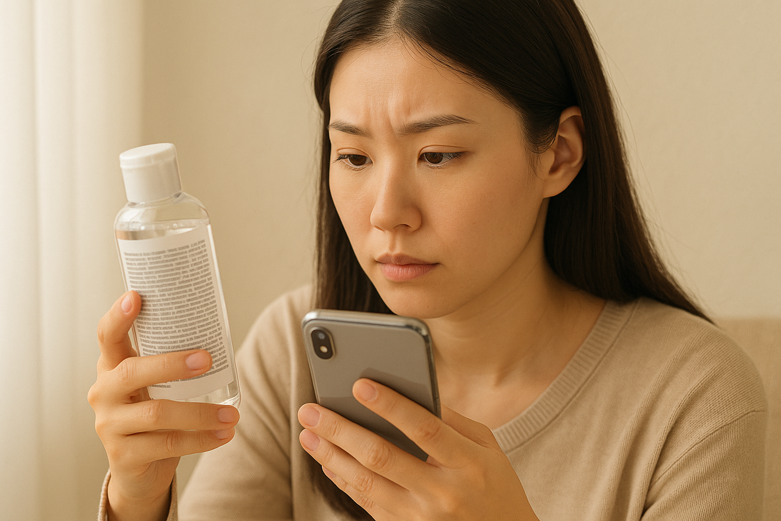 여성이 화장품에 들어간 성분을 보며 스마트폰으로 검색하고 있는 이미지