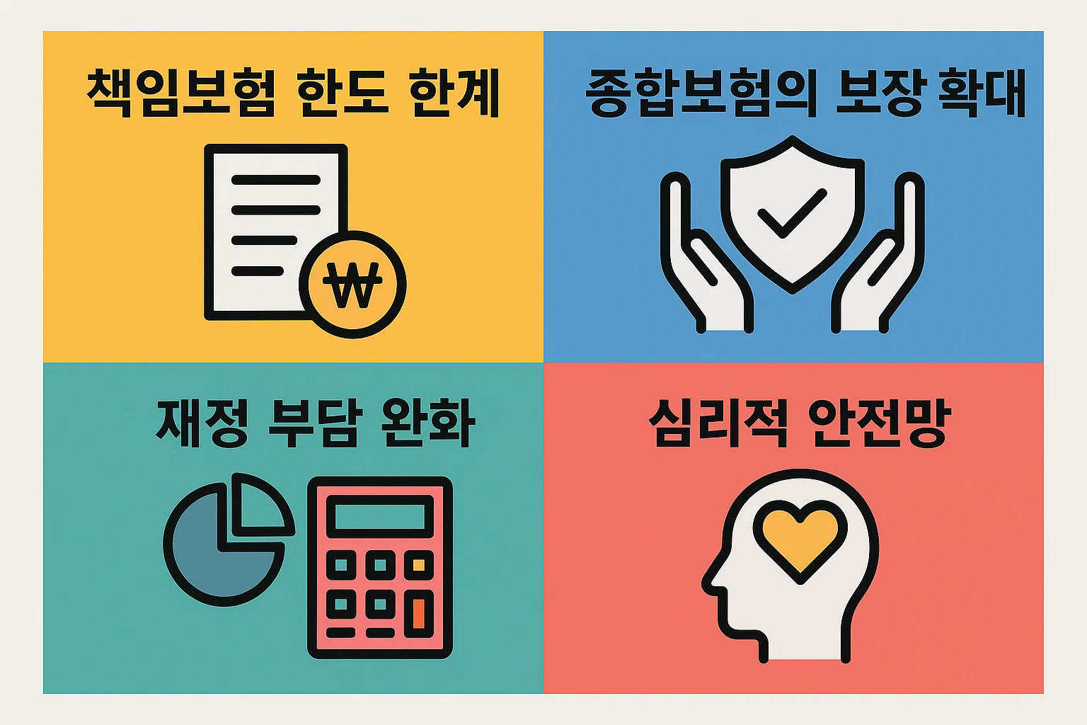 책임보험 한도와 종합보험의 차이, 재정 부담 완화 및 심리적 안정감 등 자동차 종합보험의 보장 확대 효과를 시각적으로 정리한 인포그래픽