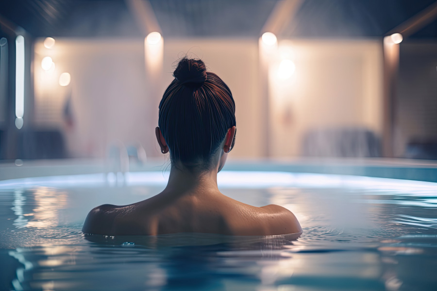 젊은 여성이 더운 물이 가득 받아져 있는 목욕탕 안에 들어가서 전신을 담그고 피로를 풀고 있는 것을 뒤에서 찍은 사진