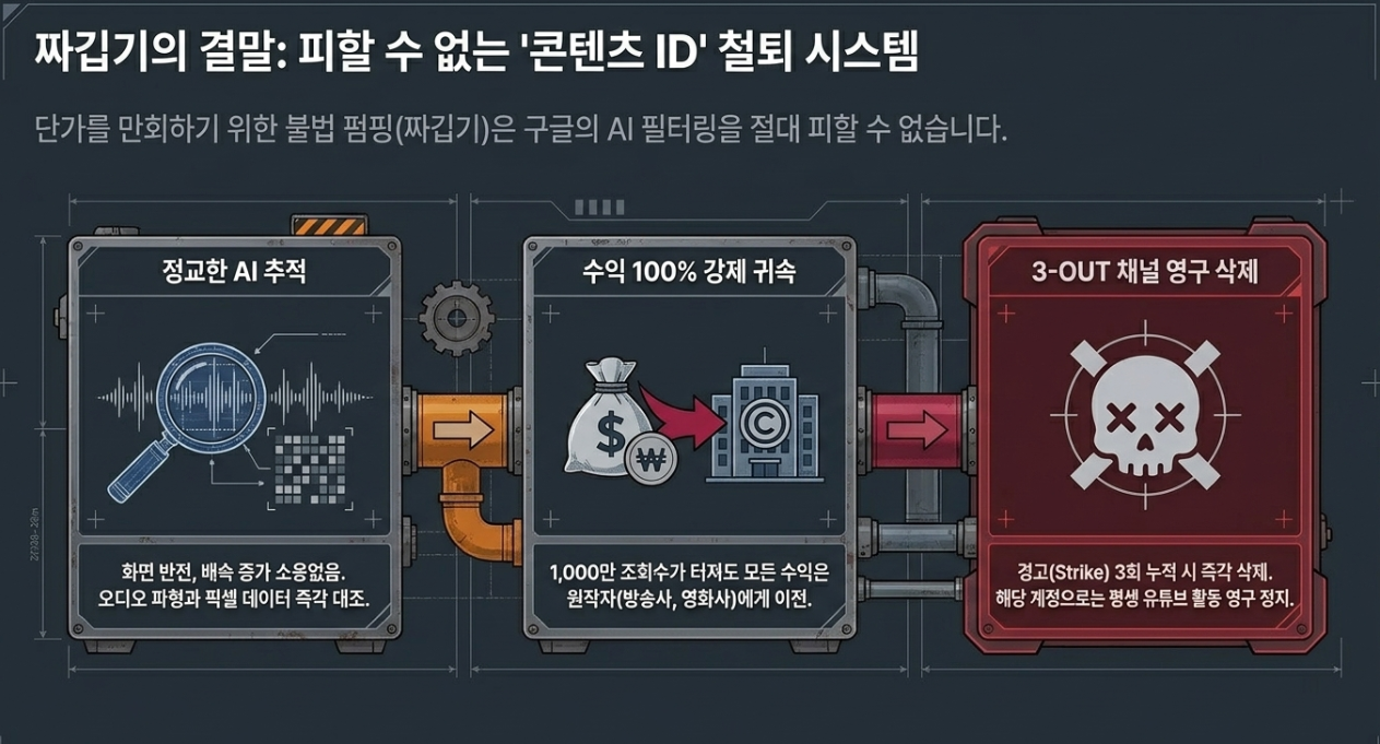 영화 예능 영상 짜깁기 불법 무단 업로드 콘텐츠 ID Content ID 저작권 경고 채널 삭제 리스크