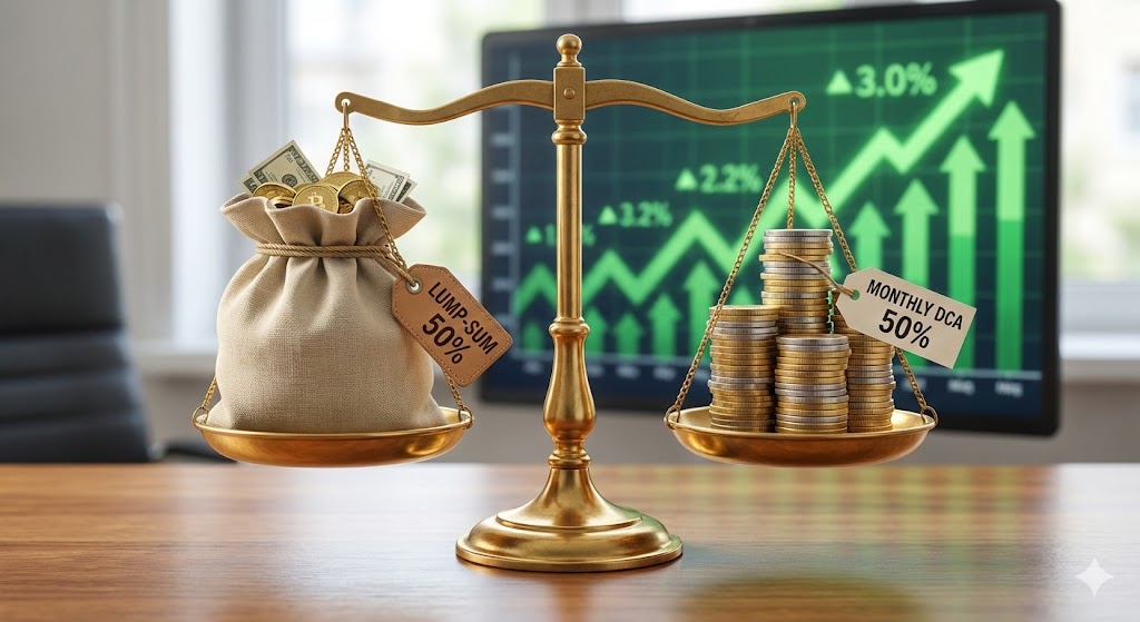 황금색 저울의 왼쪽 접시에는 '초기 투자금 50%(목돈)'가, 오른쪽 접시에는 여러 개로 나뉜 '매월 적립금 50%(동전 탑)'가 올려져 완벽한 수평(균형)을 이루고 있는 모습