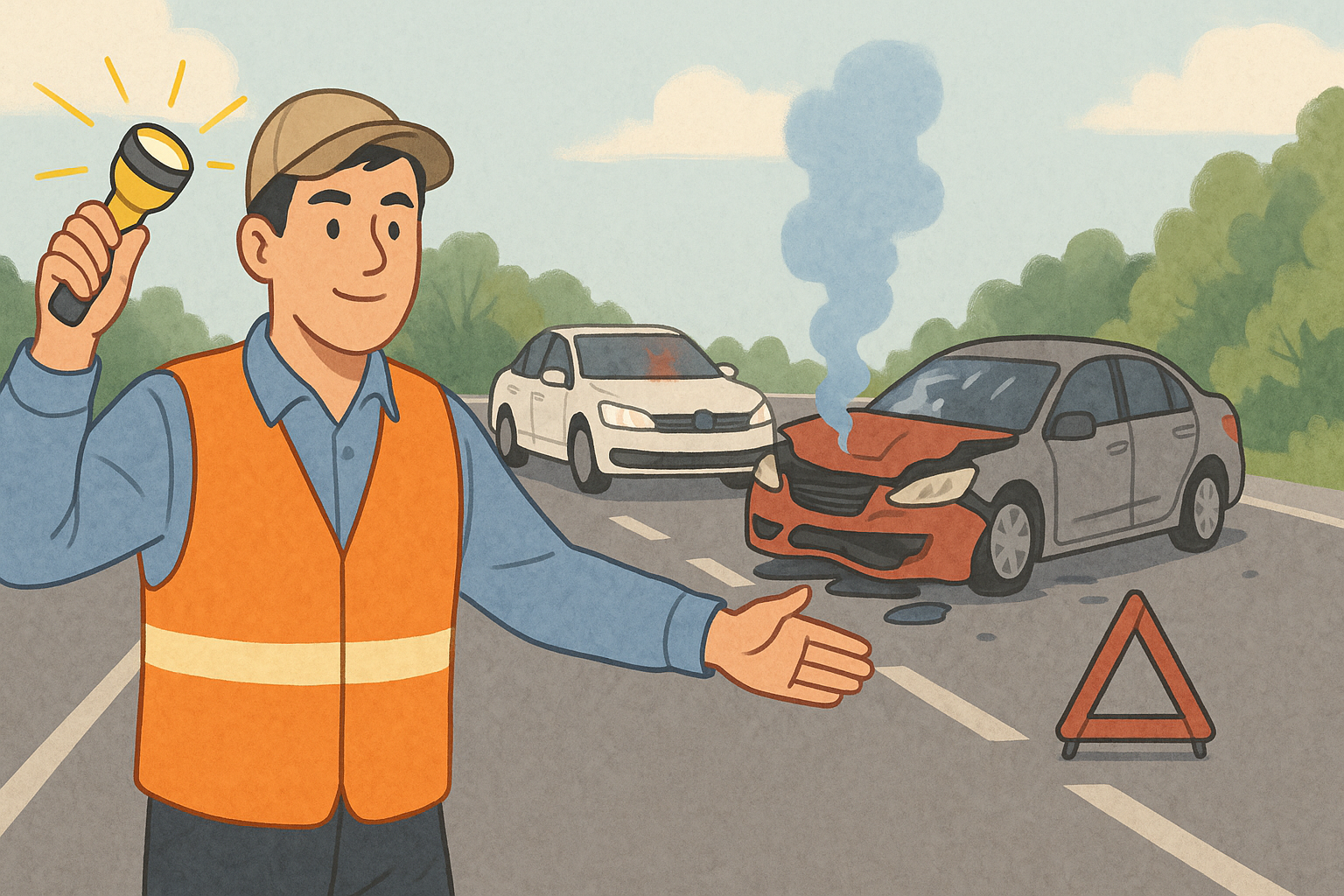 교통사고 현장에서 손전등으로 교통 정리를 하는 시민의 모습, 사고 차량이 뒤에 있음