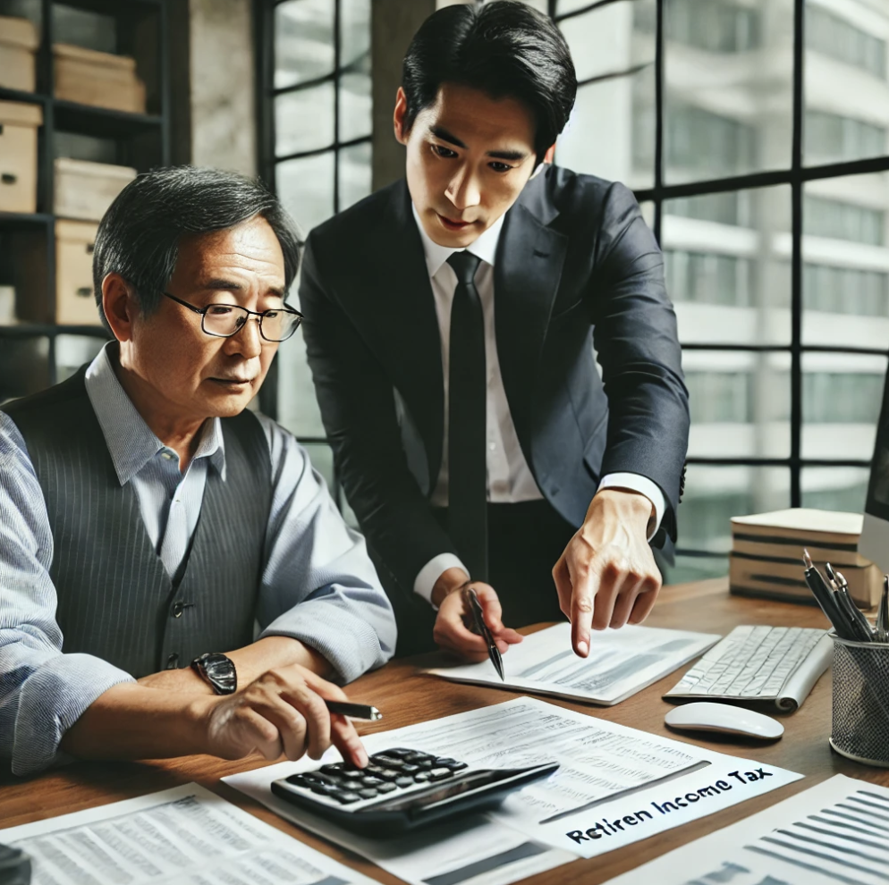 금융 컨설턴트가 소상공인에게 퇴직금 관련 세금 공제에 대해 설명하는 장면