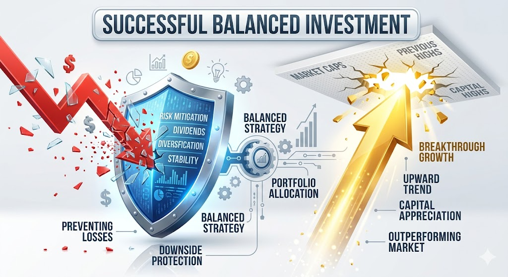 포트폴리오의 방패(배당)가 하락하는 빨간 그래프를 막아내고 있는 역동적인 인포그래픽