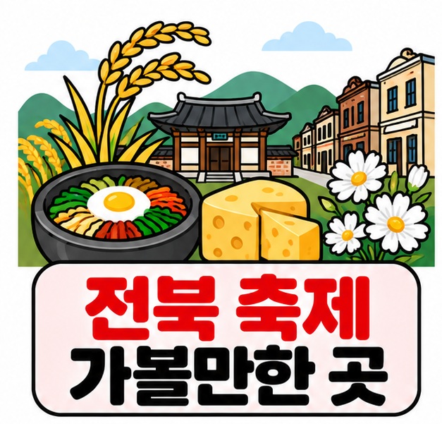 김제 들판 군산 근대거리 전주 음식 임실 치즈 정읍 꽃을 함께 보여주며 전북 축제 가볼만한 곳 문구를 크게 넣은 대표 카드