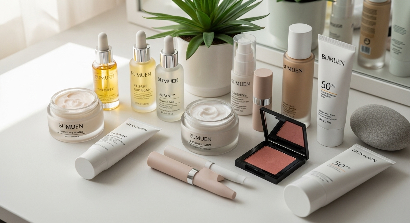 건강하고 생기 있는 동안 피부를 위한 수분 크림, 자외선 차단제, 안티에이징 세럼 등 스킨케어 제품과 자연스러운 메이크업 도구들.