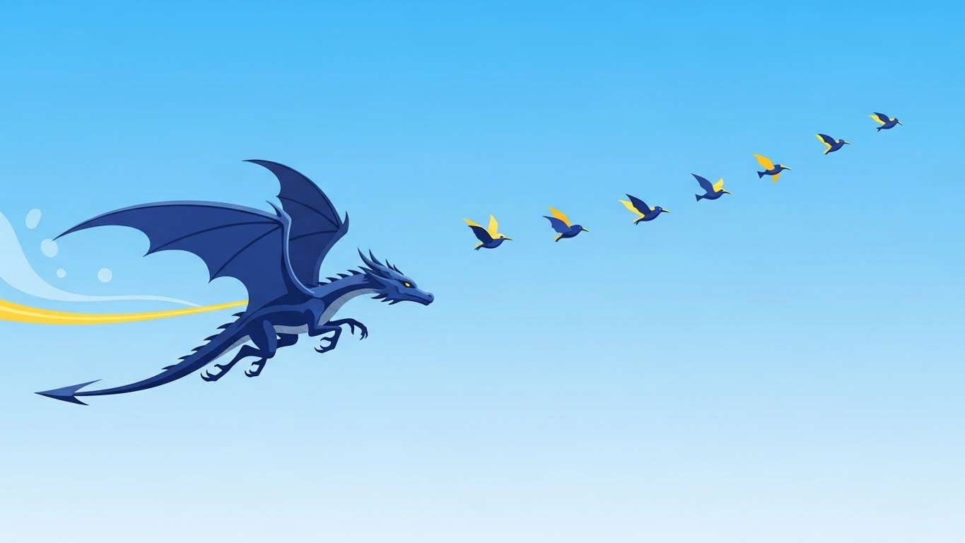 동료들과 완벽한 팀워크를 이루어 더 높은 비상을 준비하는 용띠의 협력과 조직력 상징 일러스트