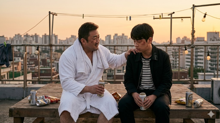 택일과 거석이 형이 옥상에 앉아 캔맥주를 기울이며 서로의 상처를 보듬는 감동적인 장면