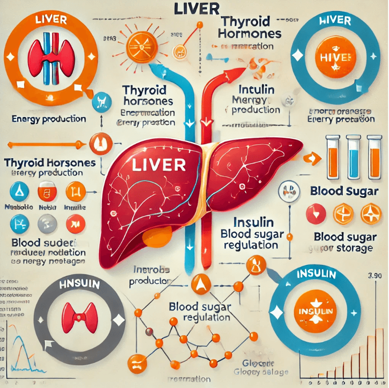 간과 호르몬의 연관성을 보여주는 교육적 삽화입니다 . 갑상선 호르몬과 인슐린에 초점을 맞추고 , 대사와 혈당 조절에서 이들의 역할을 다룬 그림