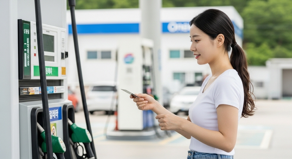 주유소에서 카드 잔액 확인하는 여성