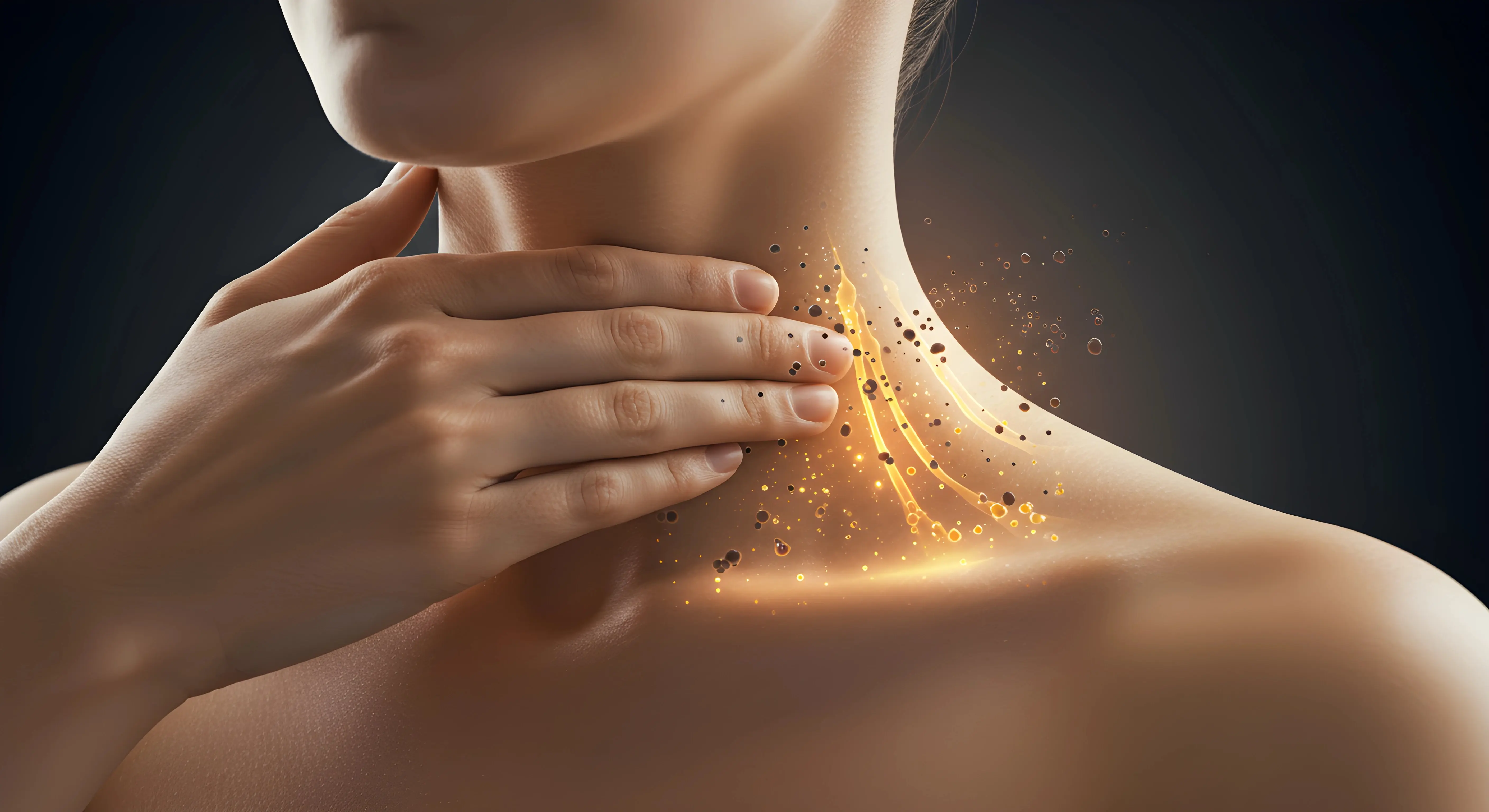 여성이 목 부위를 마사지하는 모습과 림프순환을 시각화한 황금빛 에너지가 몸을 가볍게 하는 모습을 보여주는 건강 이미지