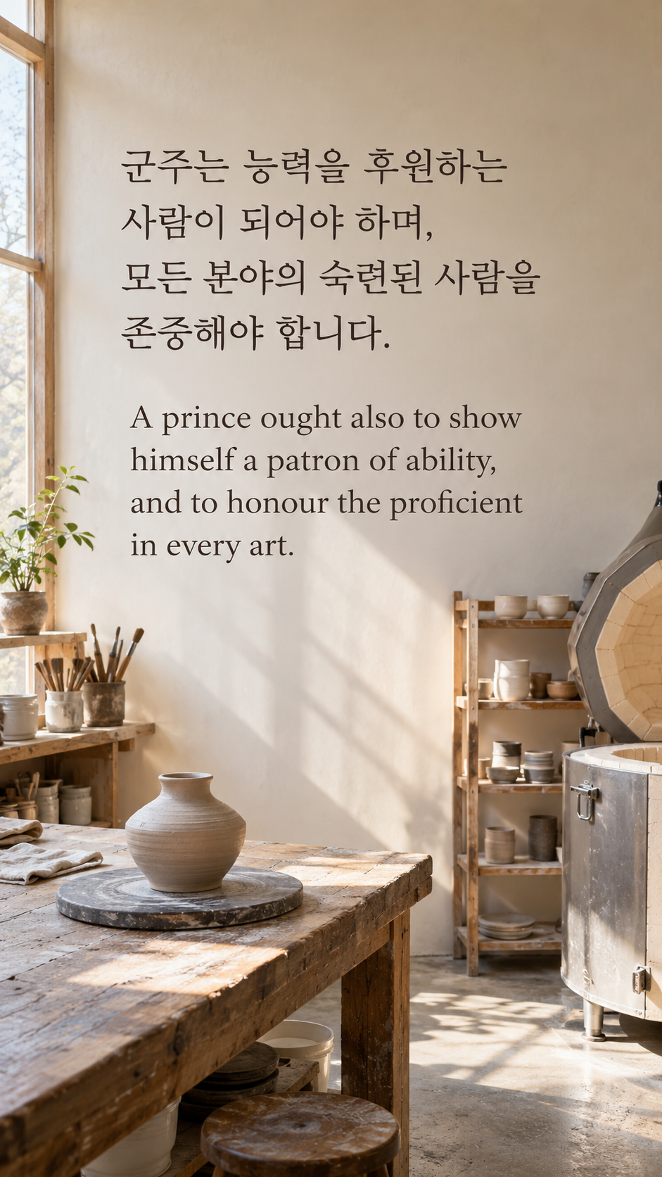 군주는 능력을 후원하는 사람이 되어야 하며, 모든 분야의 숙련된 사람을 존중해야 합니다. — 도자기 작업실의 빈 그릇과 가마