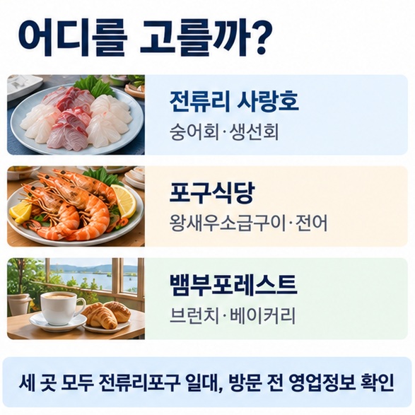전류리 사랑호 포구식당 뱀부포레스트의 주요 메뉴와 위치를 비교한 전류리포구 맛집 인포그래픽