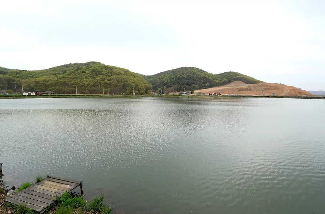 평화누리길 2코스 중반구간 조강저수지 전경 사진.