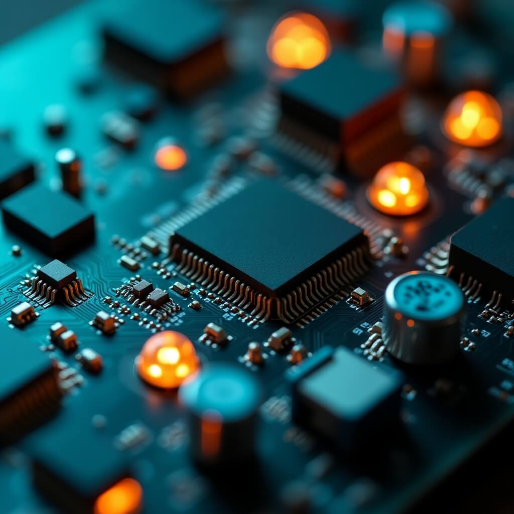 실시간 양자오류 정정: FPGA/SoC 보드를 초근접 촬영한 이미지로&#44; 그래파이트·건메탈 표면과 깨끗한 솔더·구리 트레이스&#44; 티얼 상태 LED와 포인트 앰버로 표현.