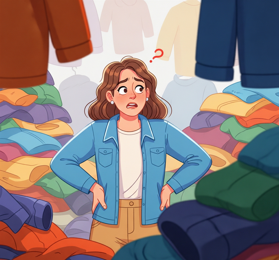 소비재에 둘러싸여 혼란과 불안을 느끼는 사람의 모습