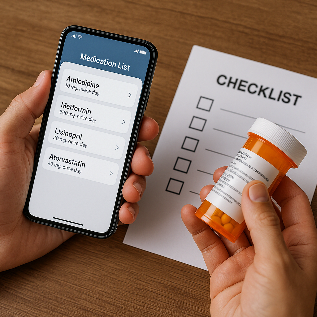 약 복용 전 체크리스트와 스마트폰 ‘내 약 목록’ 화면을 확인하는 손