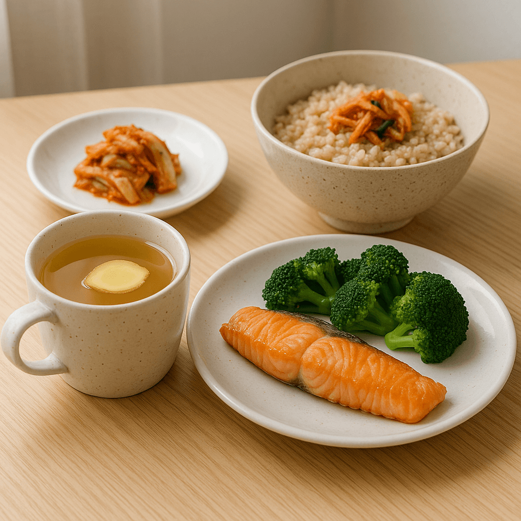 비염 증상 완화에 좋은 따뜻한 생강차와 오메가3 식단이 담긴 건강한 식탁(출처**자체제작)