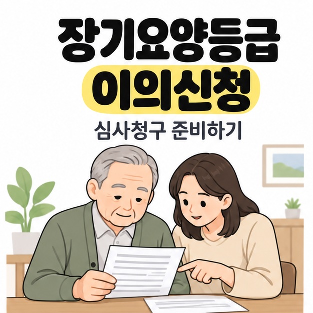 장기요양등급 이의신청 제목 아래 노년 남성과 성인 여성이 결과 통지서를 함께 읽는 모습