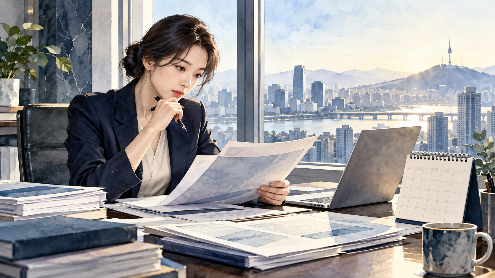 서울 사무실에서 경제 담당 기자가 기업 자료와 일정을 살펴보는 일러스트