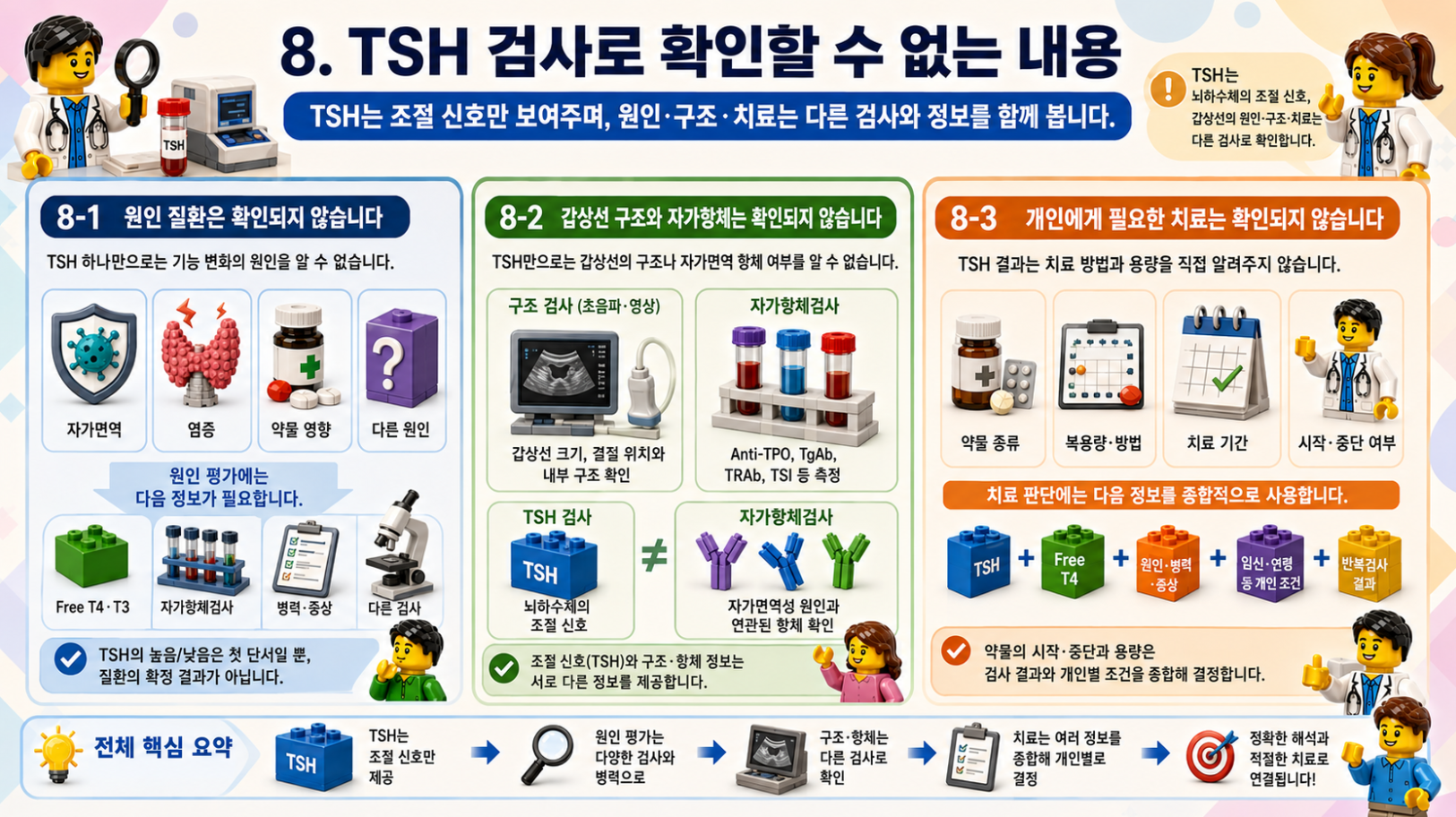TSH 검사로 확인할 수 없는 원인 질환, 갑상선 구조, 자가항체와 치료 판단을 설명하는 레고 스타일 메디컬 인포그래픽