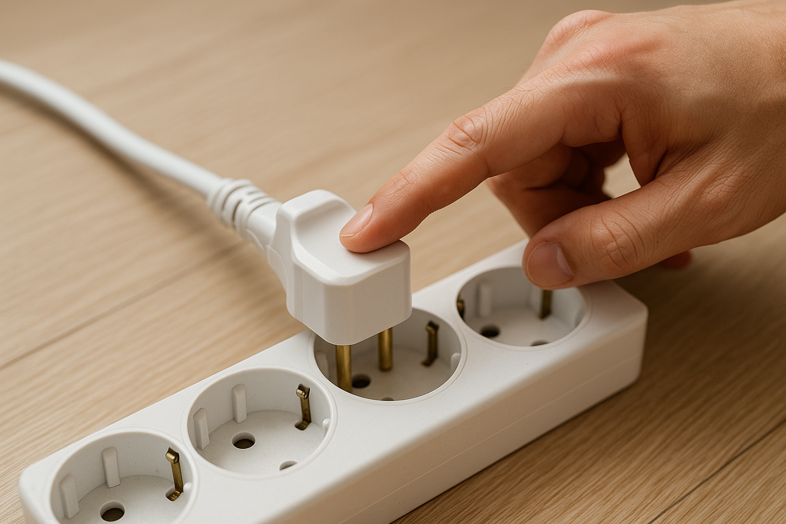 플러그와 멀티탭 표면 온도를 손끝으로 확인하는 모습