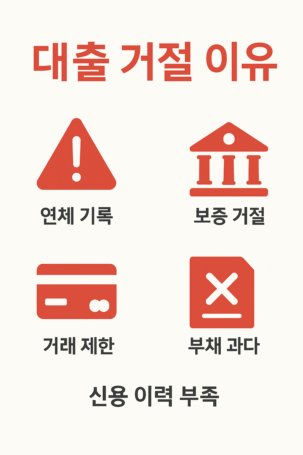 카카오뱅크 대출 거절 이유 5가지(연체 기록, 보증 거절, 거래 제한, 부채 과다, 신용 이력 부족)를 한눈에 보여주는 이미지