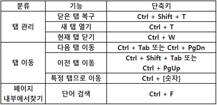 표에 탭 관리, 탭 이동, 페이지 내부에서 찾기 관련 내용 보임
