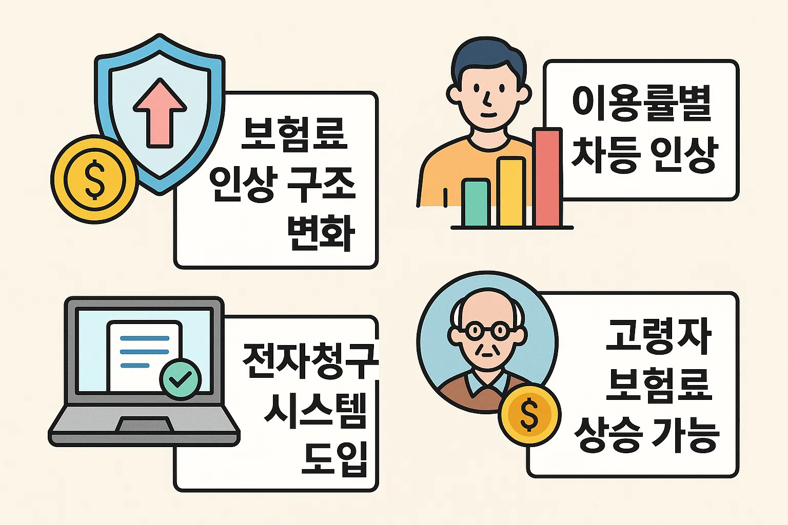 보험료 인상 구조 변화, 이용률별 차등 인상, 전자청구 시스템 도입, 고령자 보험료 상승 가능성 등 2025년 실손보험 개정의 핵심 포인트를 정리한 인포그래픽입니다.